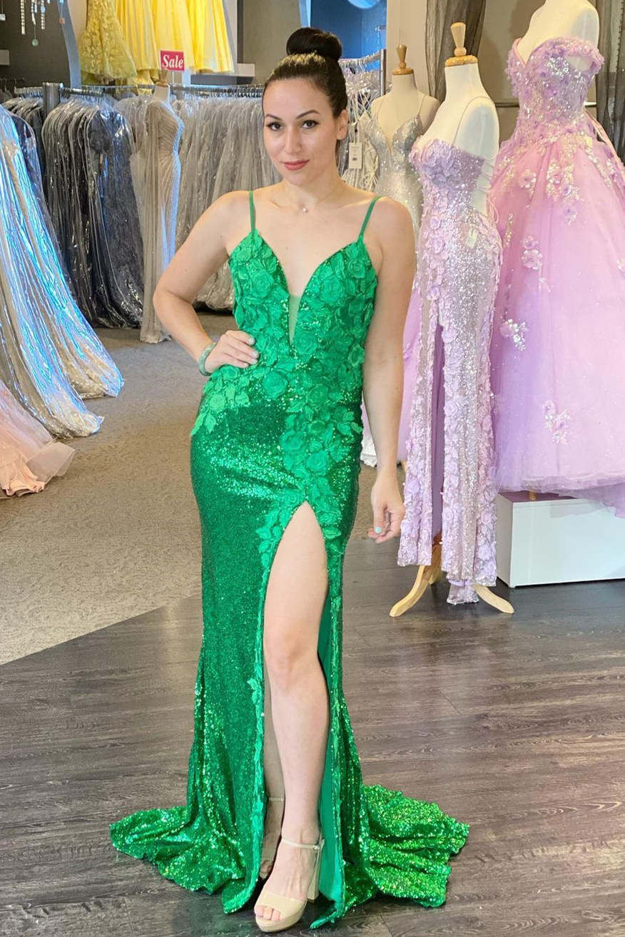 Elegan Green High Slit Long Prom Dress with Appliques