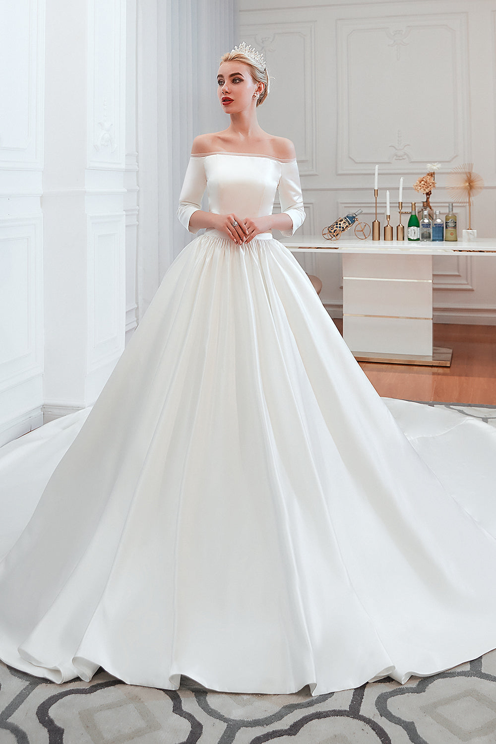 Elegant 3/4 Sleeves Princess Satin Wedding Dress Online-27dress