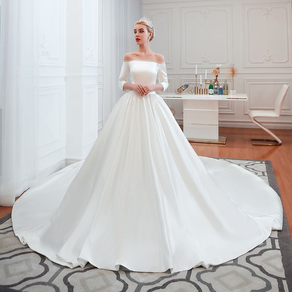 Elegant 3/4 Sleeves Princess Satin Wedding Dress Online-27dress