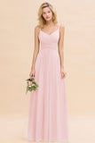 Elegant A-line Chiffon Spaghetti Straps Long Bridesmaid Dress with Ruffles-27Dress