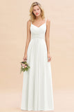 Elegant A-line Chiffon Spaghetti Straps Long Bridesmaid Dress with Ruffles-27Dress