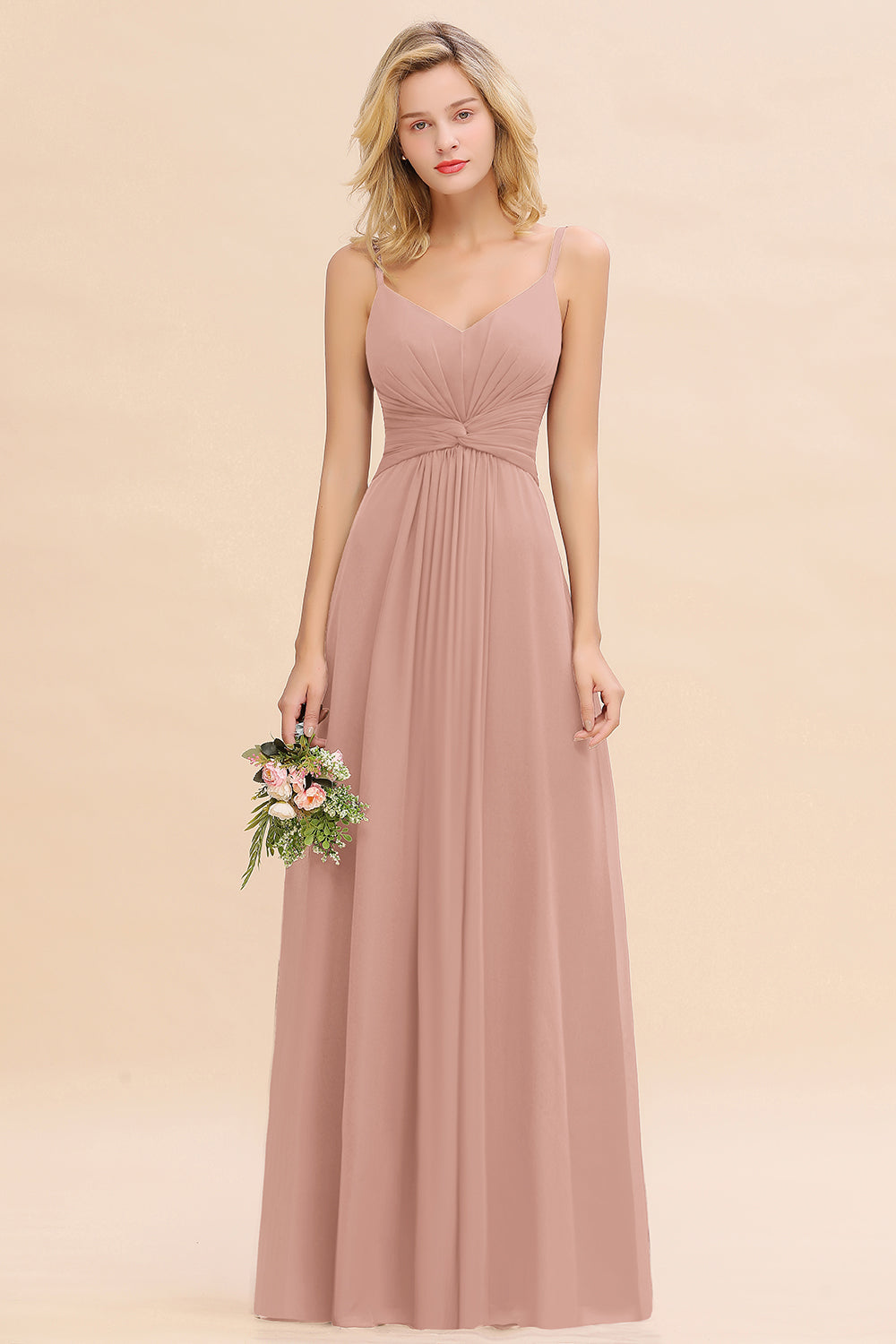 Elegant A-line Chiffon Spaghetti Straps Long Bridesmaid Dress with Ruffles-27Dress