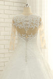 Elegant A-Line Jewel White Tulle Lace Wedding Dress 3/4 Sleeves Appliques Bridal Gowns with Pearls-27dress