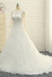 Elegant A-Line Jewel White Tulle Lace Wedding Dress 3/4 Sleeves Appliques Bridal Gowns with Pearls-27dress