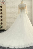 Elegant A-Line Jewel White Tulle Lace Wedding Dress 3/4 Sleeves Appliques Bridal Gowns with Pearls-27dress