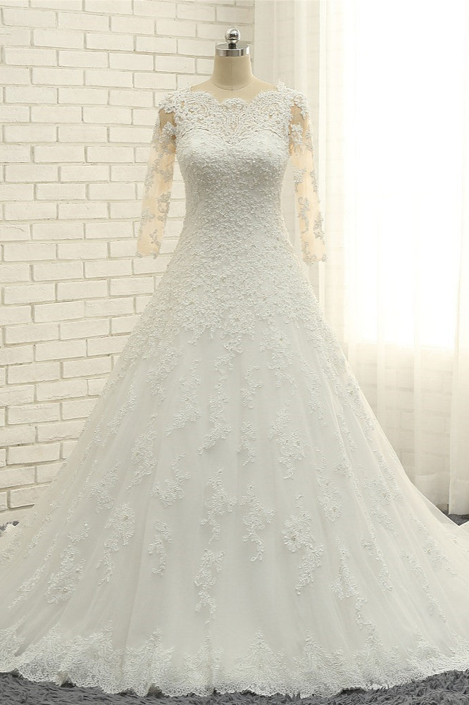 Elegant A-Line Jewel White Tulle Lace Wedding Dress 3/4 Sleeves Appliques Bridal Gowns with Pearls-27dress