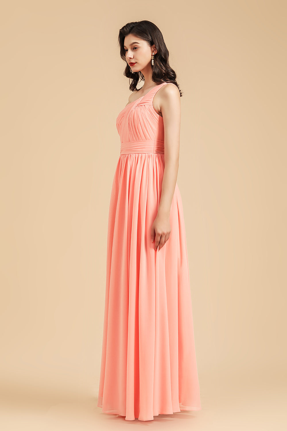 Elegant A-line One Shoulder Coral Chiffon Long Bridesmaid Dress-27dress