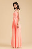 Elegant A-line One Shoulder Coral Chiffon Long Bridesmaid Dress-27dress