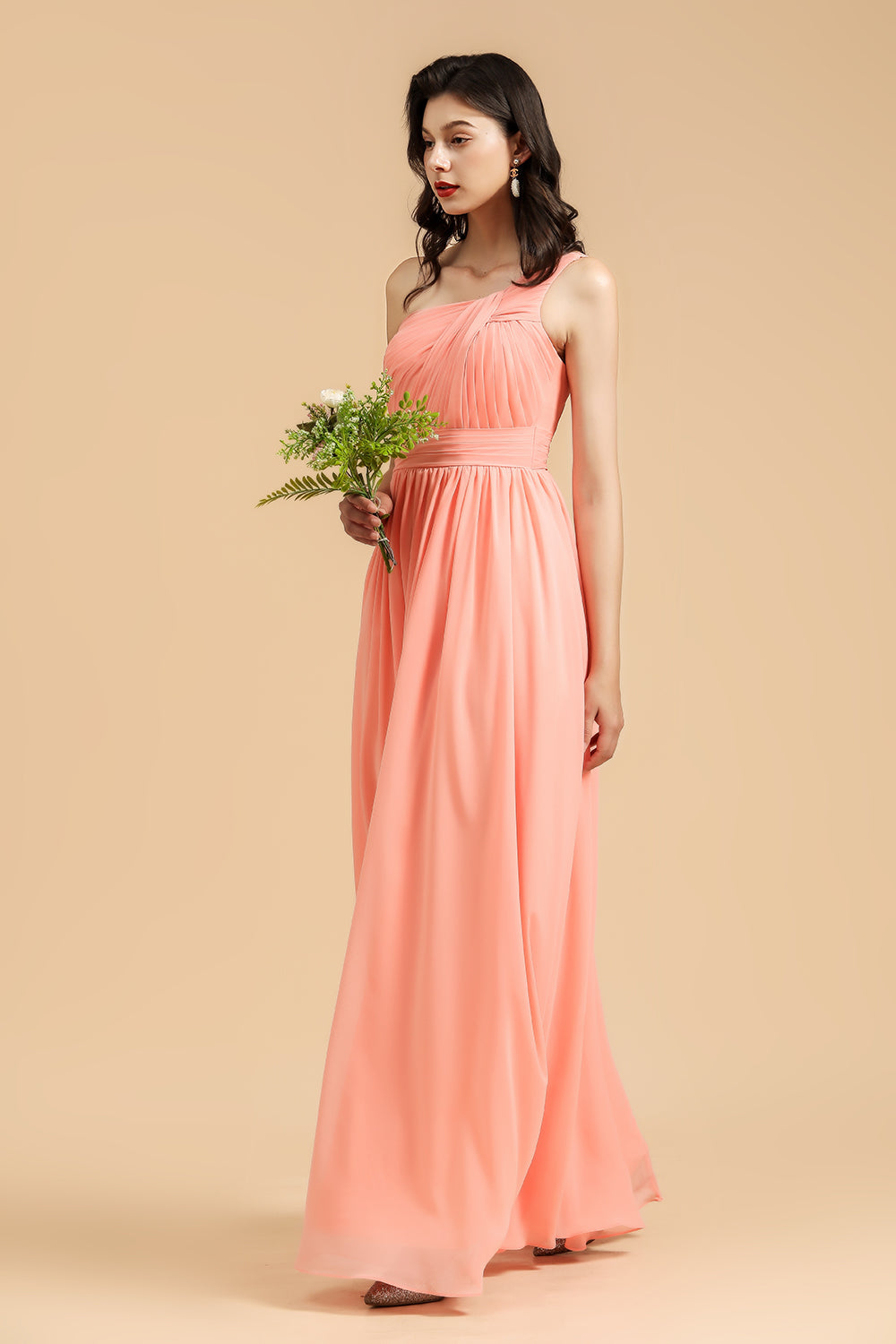 Elegant A-line One Shoulder Coral Chiffon Long Bridesmaid Dress-27dress