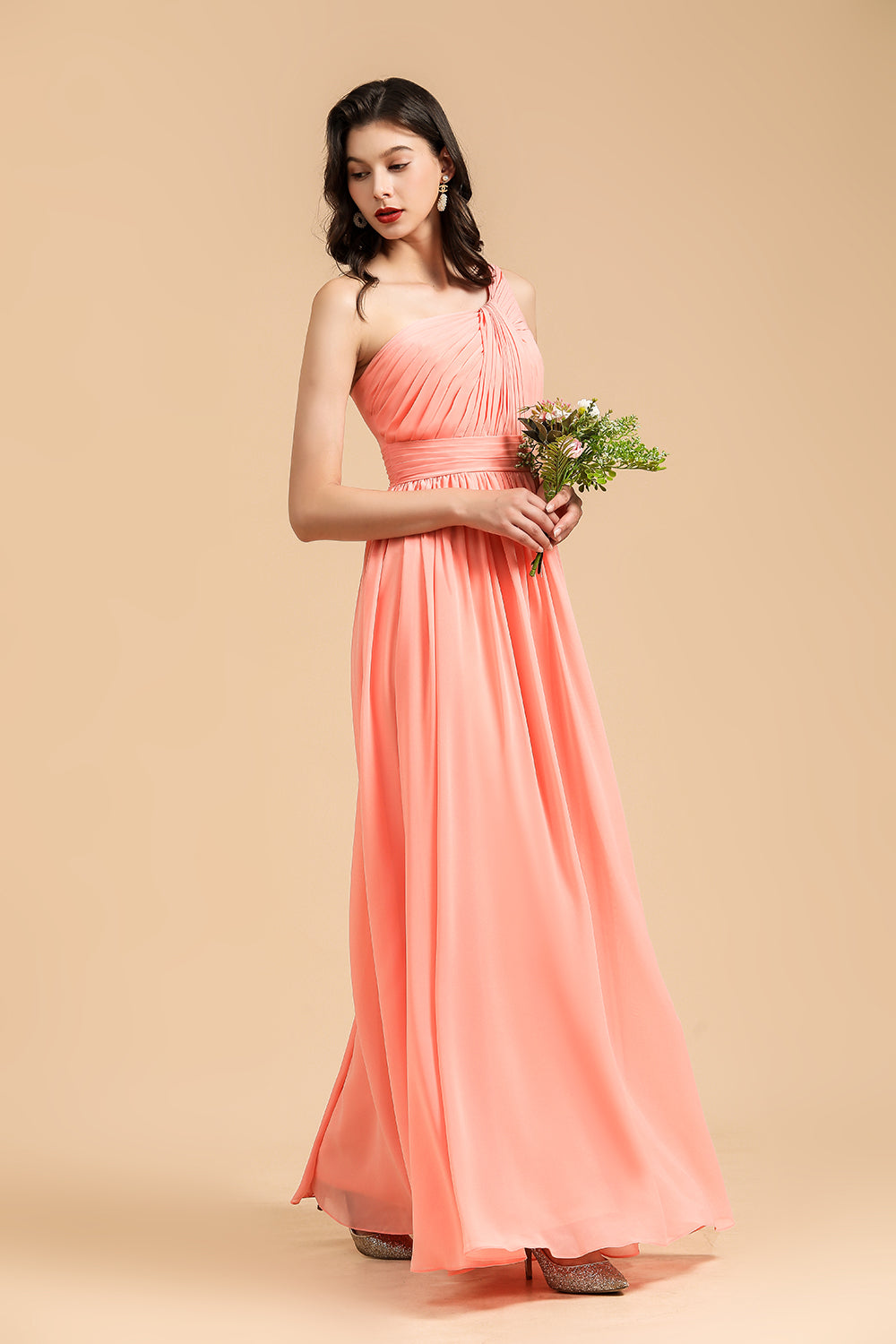 Elegant A-line One Shoulder Coral Chiffon Long Bridesmaid Dress-27dress