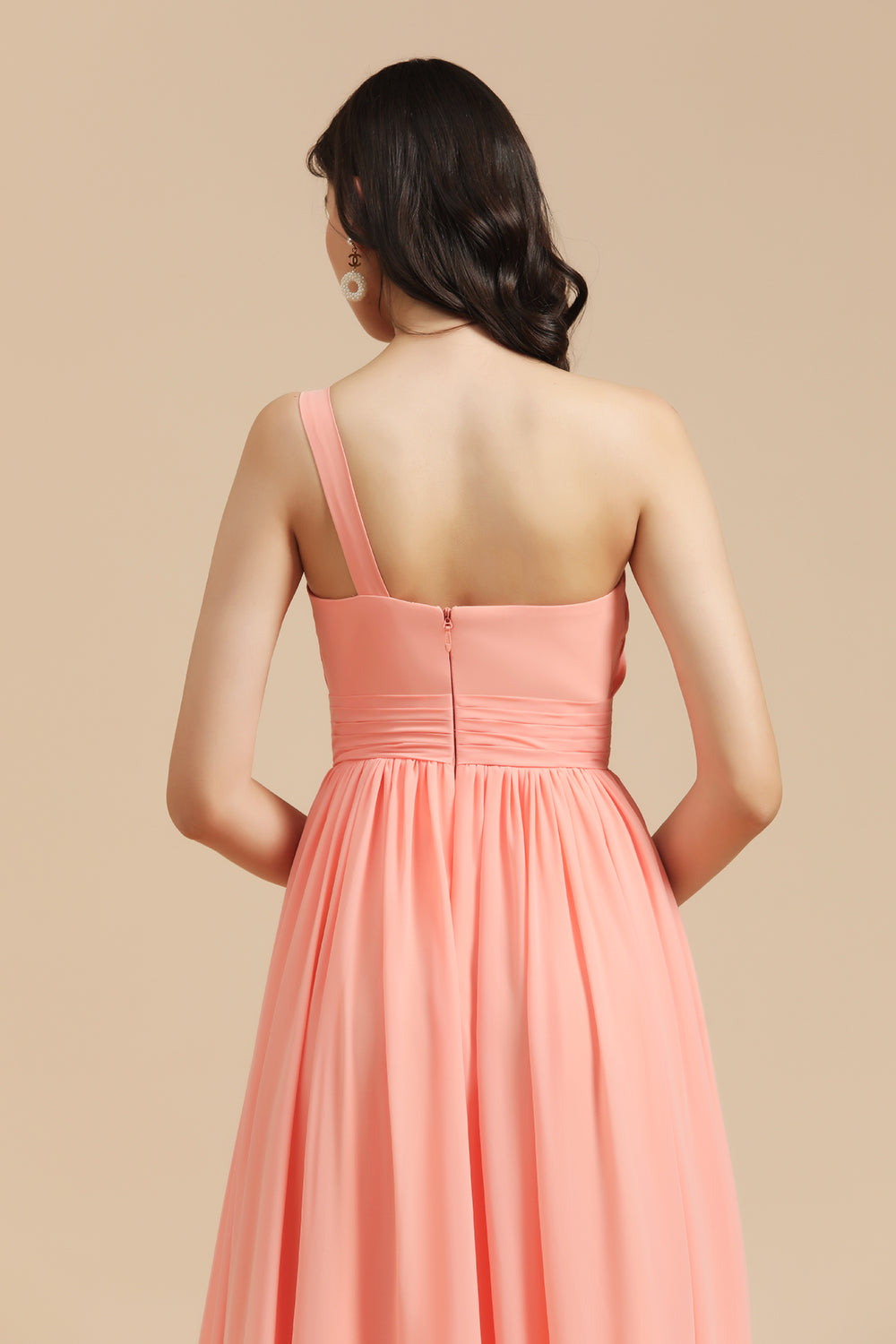 Elegant A-line One Shoulder Coral Chiffon Long Bridesmaid Dress-27dress