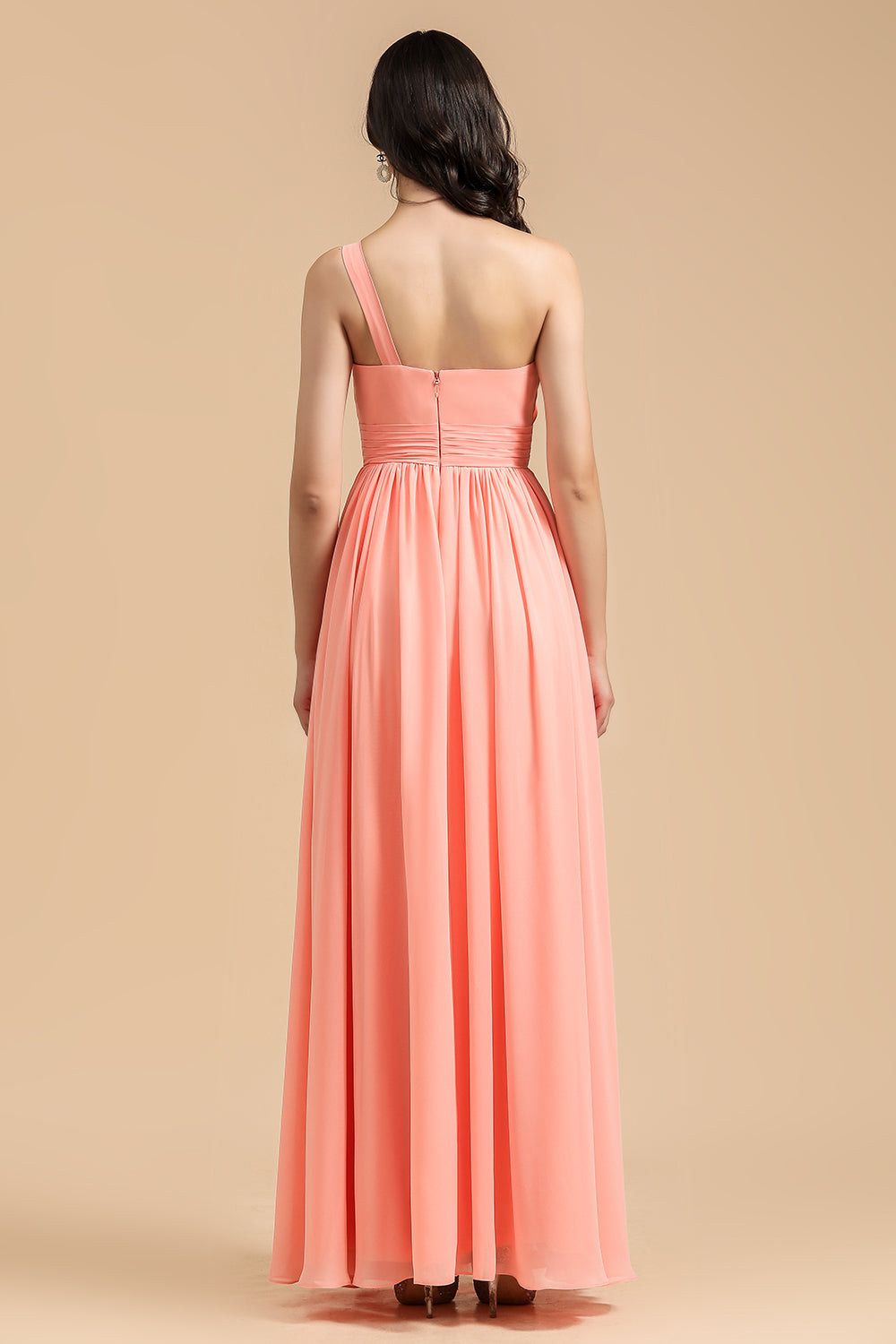 Elegant A-line One Shoulder Coral Chiffon Long Bridesmaid Dress-27dress