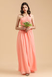 Elegant A-line One Shoulder Coral Chiffon Long Bridesmaid Dress-27dress