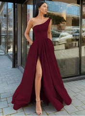 Elegant A-Line One-Shoulder Sleeveless Satin Long Prom Dresses with Slit-27dress