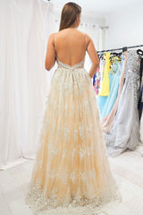 Elegant A-Line Open Back Straps Lace Champagne Long Prom Dress