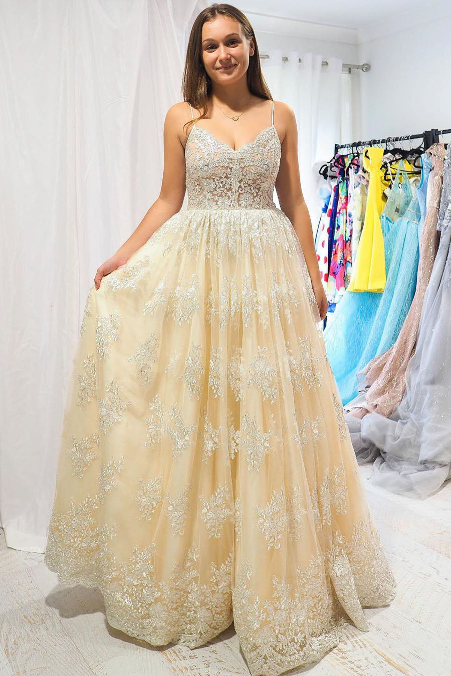 Elegant A-Line Open Back Straps Lace Champagne Long Prom Dress