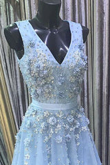 Elegant A-Line V Neck Appliques Sky Blue Long Prom Dress