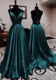 Elegant A-line V Neck Long Prom Dress with Pleated Charmeuse Skirt-27dress