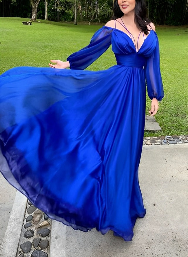 Elegant A-Line V-neck Long Sleeves Prom Dress with Chiffon Sweep Train-27dress