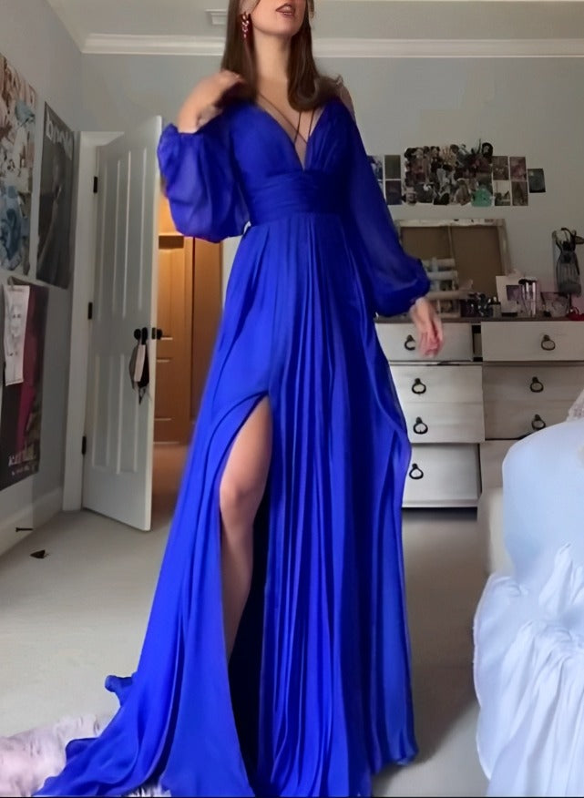 Elegant A-Line V-neck Long Sleeves Prom Dress with Chiffon Sweep Train-27dress