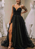 Elegant A-line V-Neck Prom Dress with Spaghetti Straps and Tulle Split Skirt-27dress