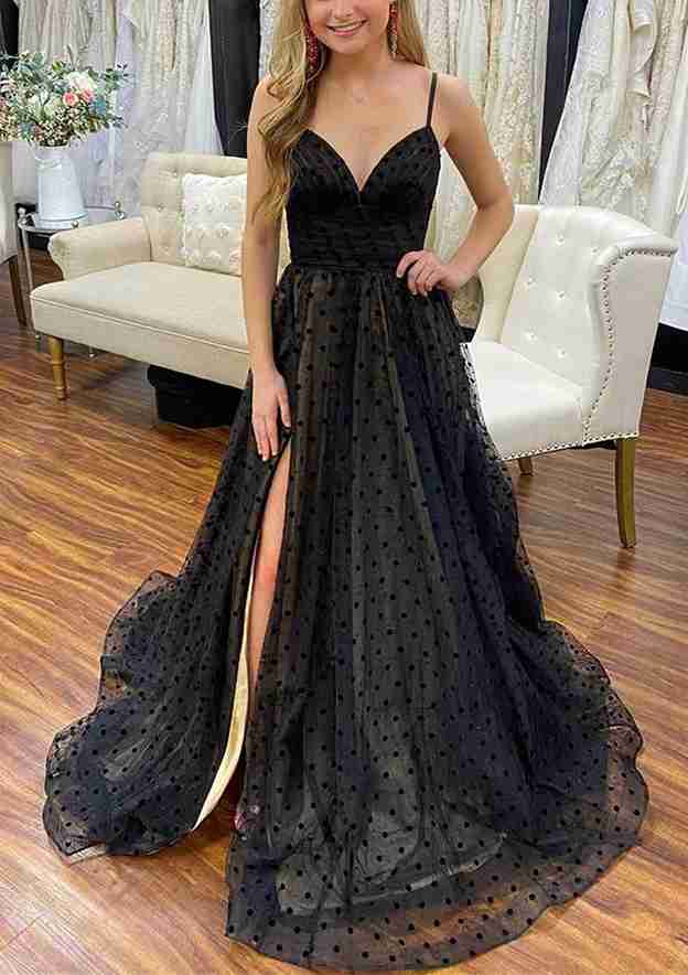 Elegant A-line V-Neck Prom Dress with Spaghetti Straps and Tulle Split Skirt-27dress