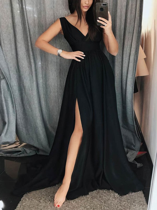 Elegant A-line V-neck Satin Split Front Prom Dresses with Sweep Train