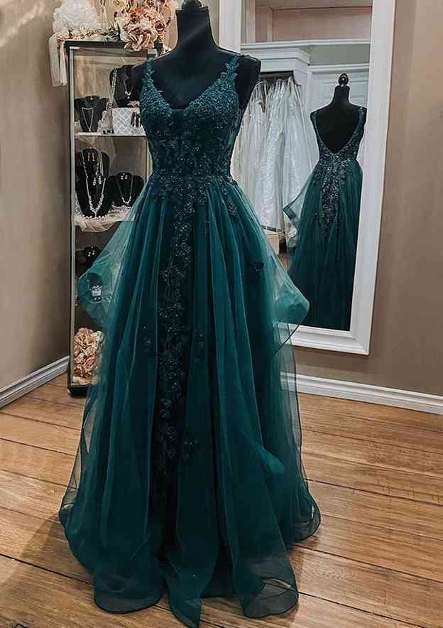 Elegant A-line V Neck Sleeveless Lace Tulle Long Prom Dress With Beading-27dress