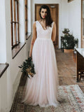 Elegant A-Line V-Neck Tulle Floor-Length Wedding Dress with Lace