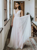 Elegant A-Line V-Neck Tulle Floor-Length Wedding Dress with Lace