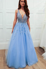 Elegant Ball Gown Illusion V Neck Sky Blue Long Prom Dress