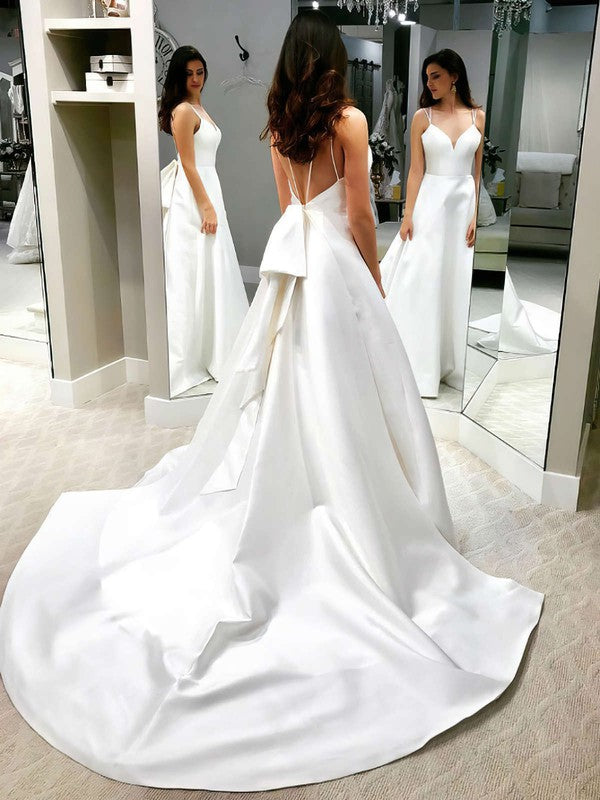 Elegant Ball Gown V-neck Satin Court Train Wedding Dress With Bow