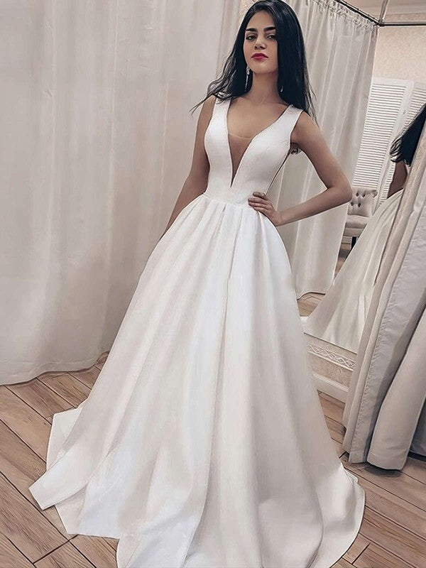 Elegant Ball Gown V-neck Satin Sweep Train Wedding Dresses