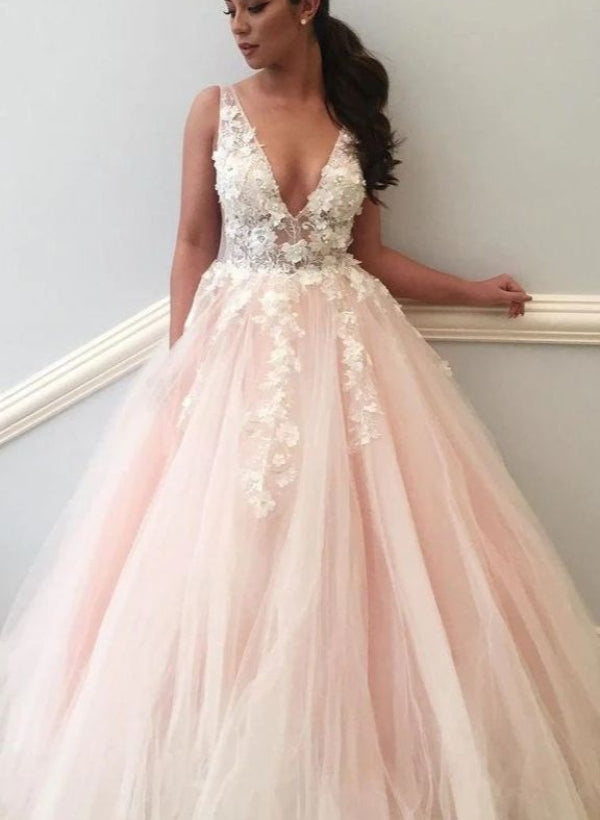 Elegant Ball-Gown V-neck Sleeveless Tulle Floor-Length Prom Dress With Lace-27dress