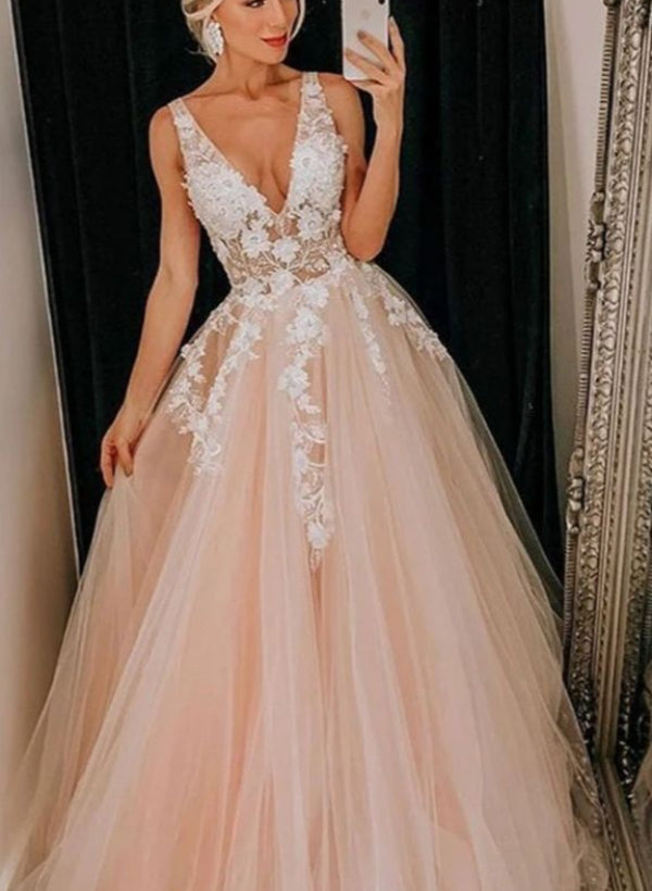 Elegant Ball-Gown V-neck Sleeveless Tulle Floor-Length Prom Dress With Lace-27dress