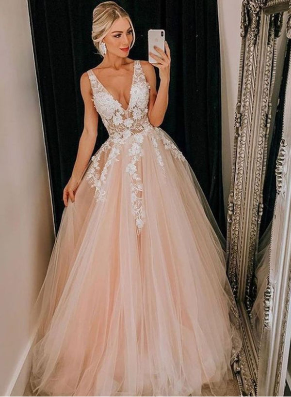 Elegant Ball-Gown V-neck Sleeveless Tulle Floor-Length Prom Dress With Lace-27dress