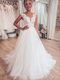 Elegant Ball Gown Wedding Dresses With Appliques Lace and Illusion Tulle Sweep Train