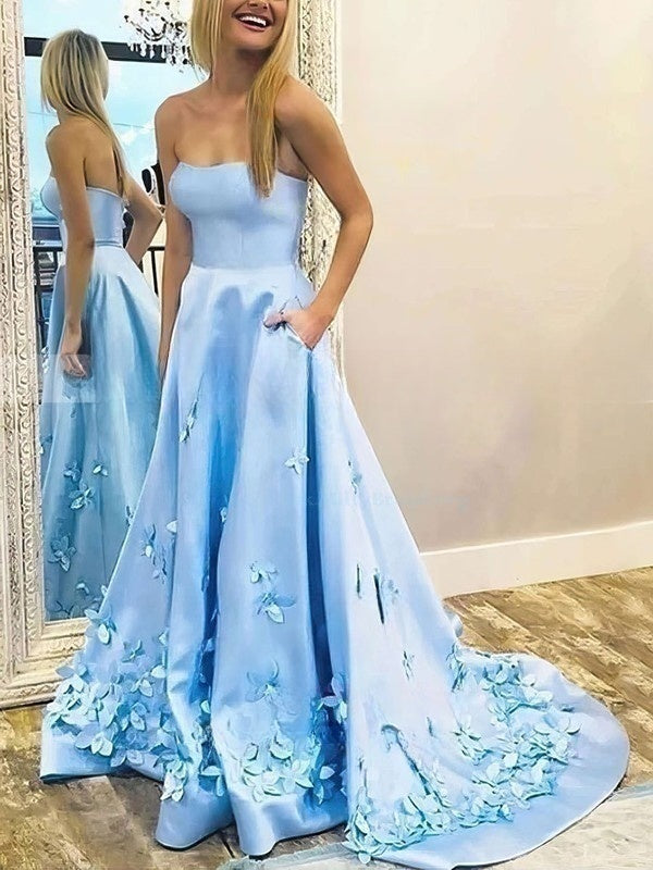 Elegant Ball Gown/Princess Prom Dresses with Sweep Train and Flower(s)