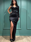 Elegant Black Satin Prom Dress with One-Shoulder Long Sleeves and Slit-27dress