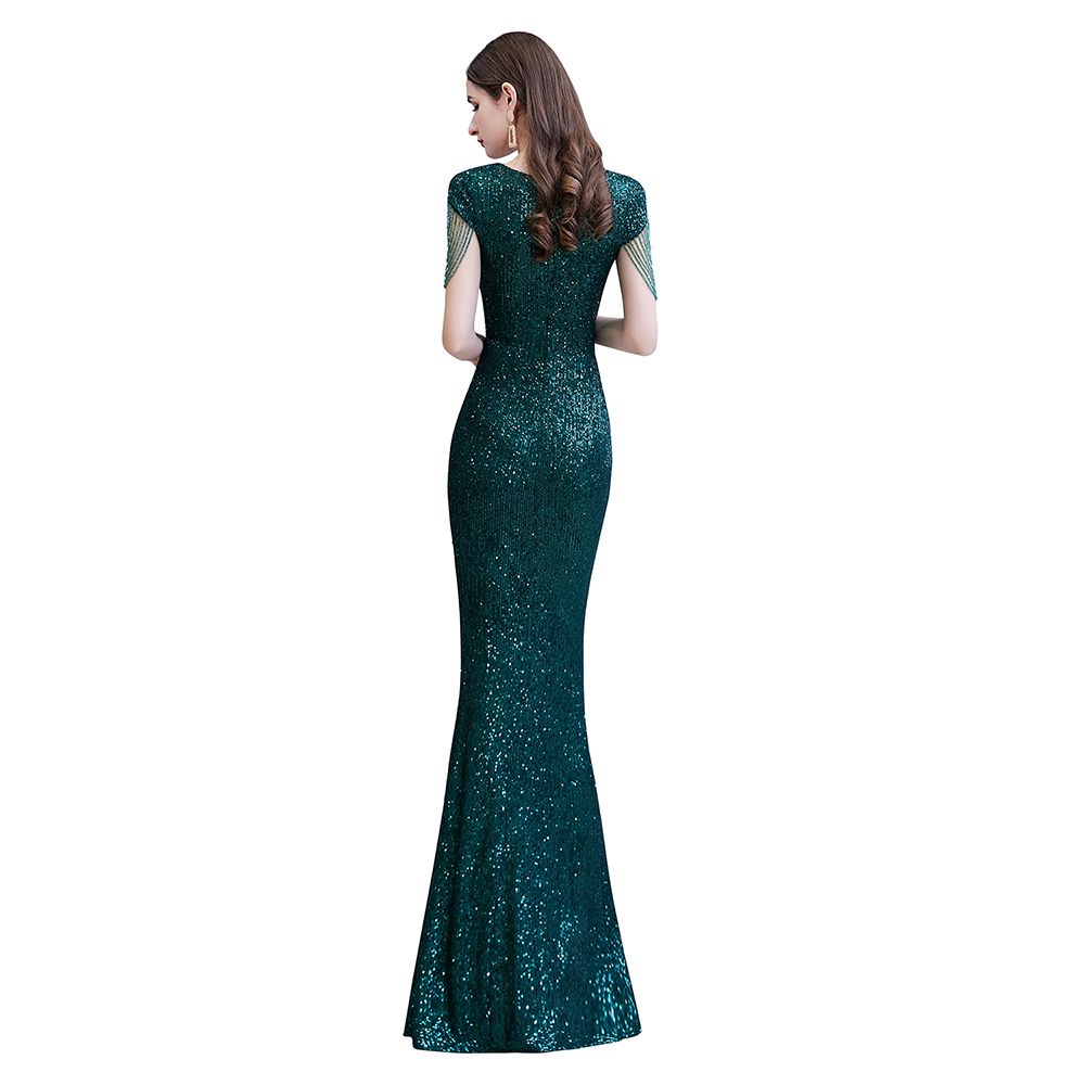 Elegant Cap Sleeve Green Sequins Long Prom Dress-27dress