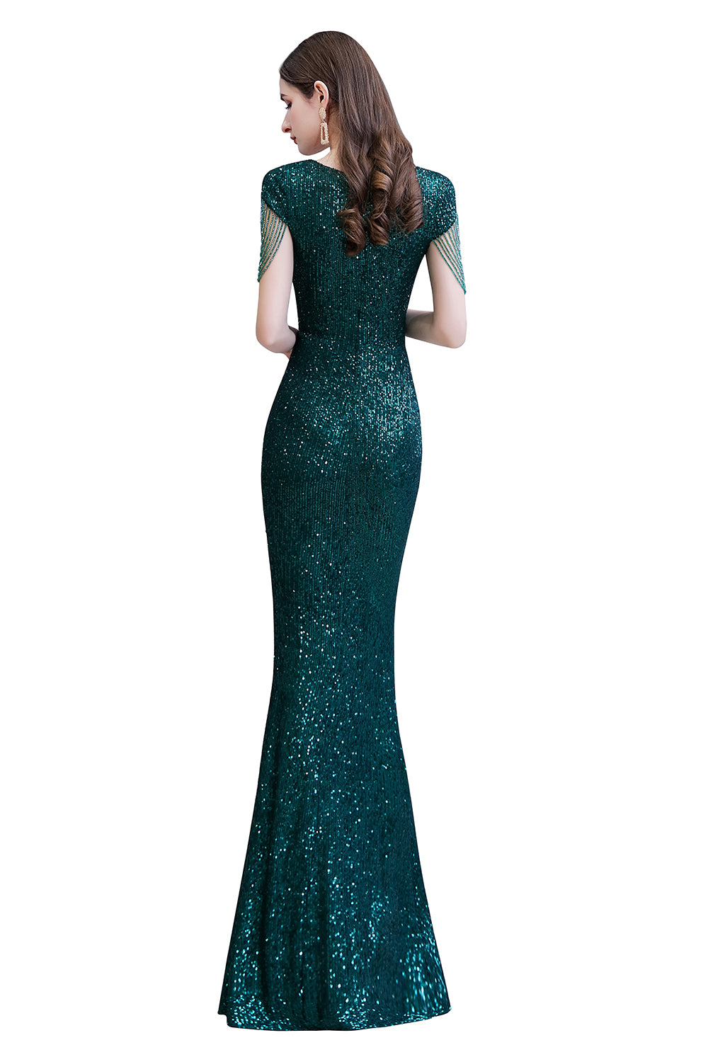 Elegant Cap Sleeve Green Sequins Long Prom Dress-27dress