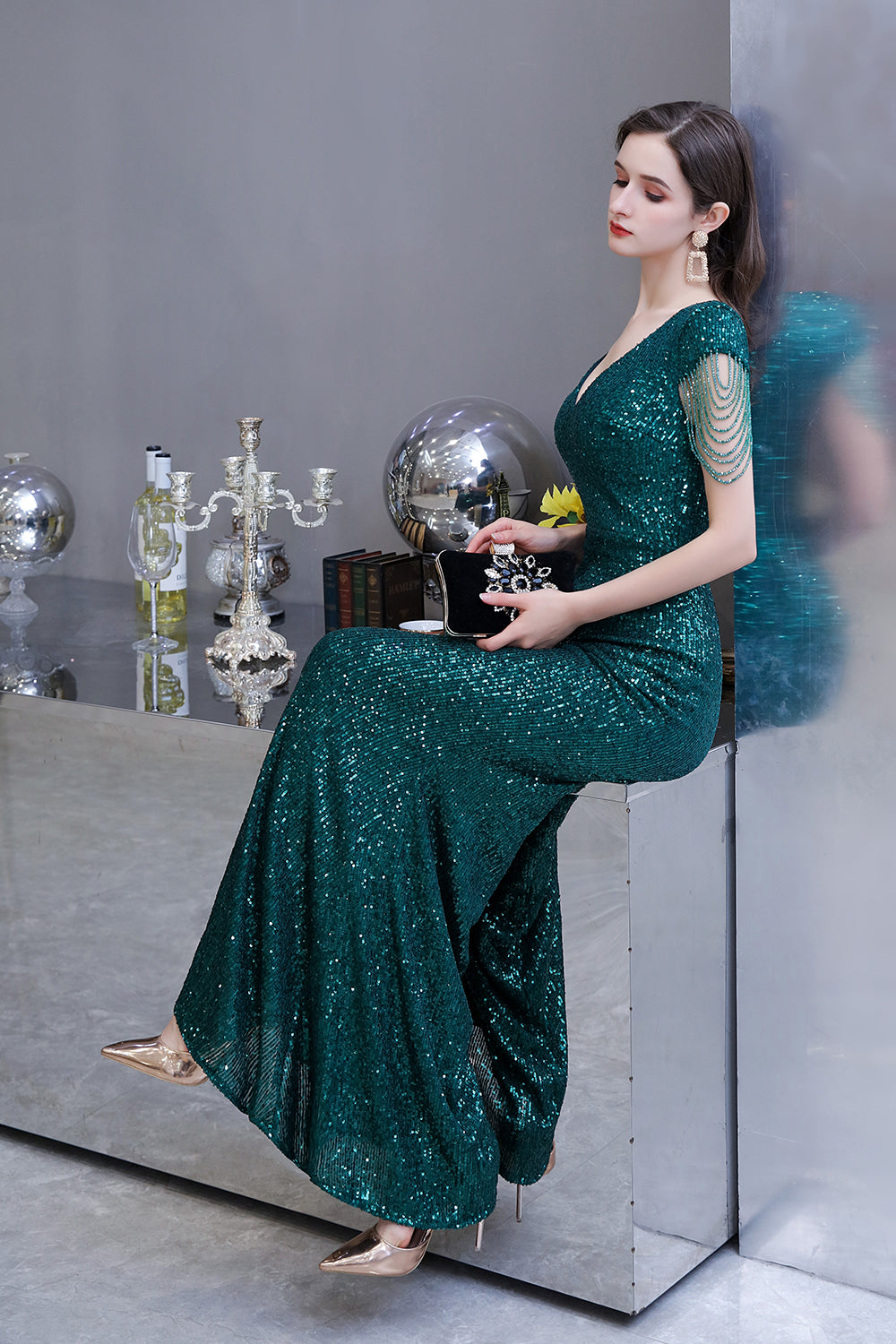 Elegant Cap Sleeve Green Sequins Long Prom Dress-27dress