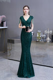 Elegant Cap Sleeve Green Sequins Long Prom Dress-27dress