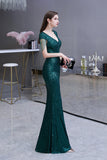 Elegant Cap Sleeve Green Sequins Long Prom Dress-27dress