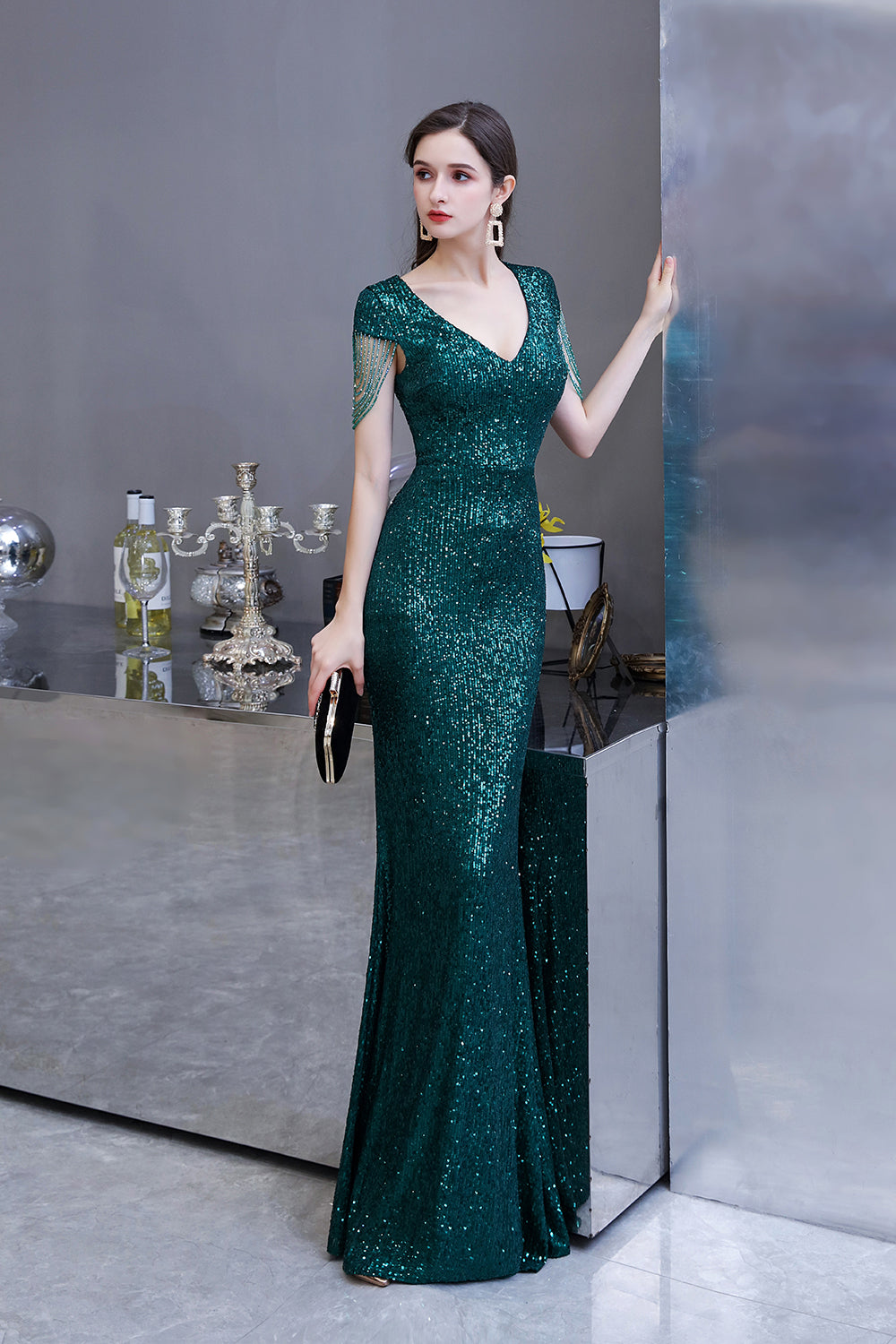 Elegant Cap Sleeve Green Sequins Long Prom Dress-27dress