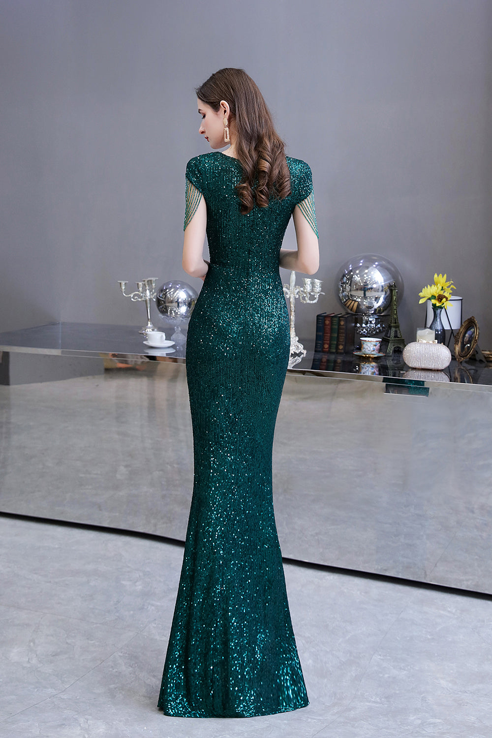 Elegant Cap Sleeve Green Sequins Long Prom Dress-27dress