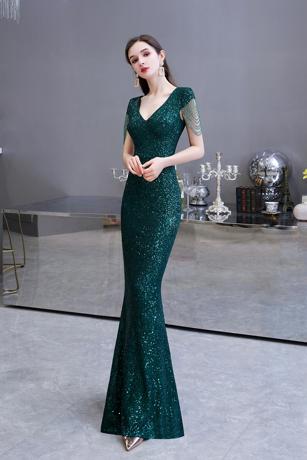 Elegant Cap Sleeve Green Sequins Long Prom Dress-27dress