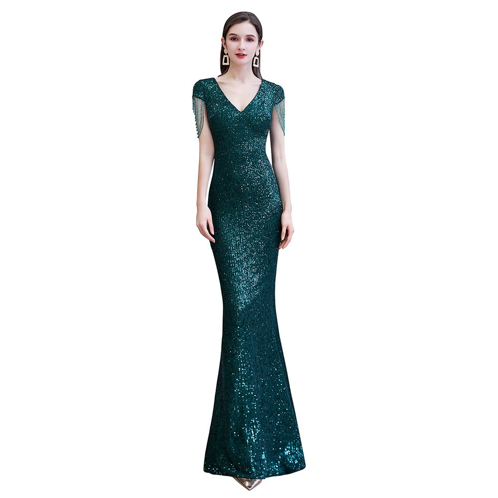 Elegant Cap Sleeve Green Sequins Long Prom Dress-27dress