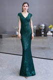 Elegant Cap Sleeve Green Sequins Long Prom Dress-27dress