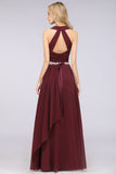 Elegant Chiffon Halter V-Neck Ruffle Bridesmaid Dress with Appliques Sashes-27dress